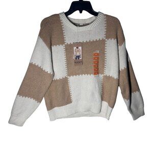 Bearpaw Checkered Crew Neck Sweater Women's Medium‎ Tan & White NEW
